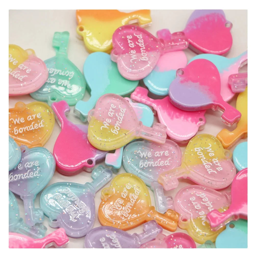 Glitter Gradient Heart Keys Charms Pendants Flat Back Resin Cabochon for Necklace Earring Key Ring Jewelry Making Accessories