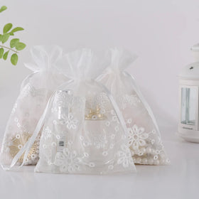 Big White Flowers Lace Drawstring Bag Printed Jewelry Drawstring Bags Embroidery Folding Bottom