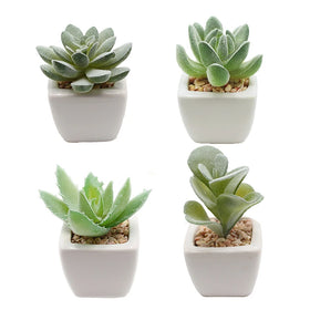 Set of 4 Mini Assorted Green Plastic Succulent Plants in Square White Ceramic Planters