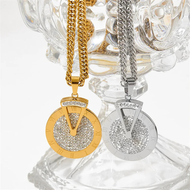 HipHop Triangle Rotate Clock Zircon Roman Number Gold Plated Stainless Steel Round Pendant Necklace