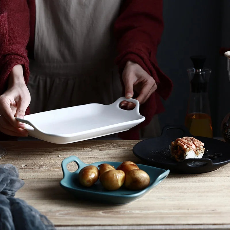 Nordic Binaural Ceramic Plate Home Baking Baking Tray Ins Net Red Steak Ramen Plate Western Dish Ceramic Plate