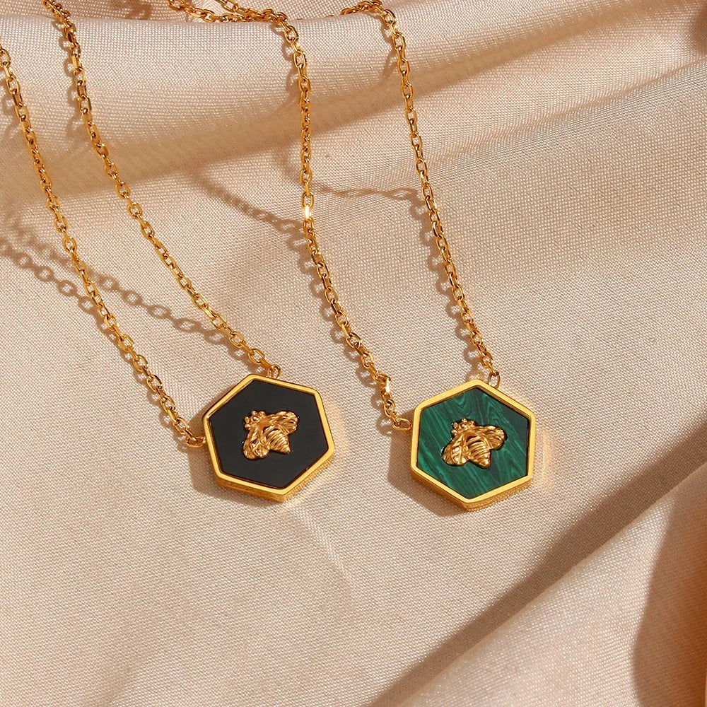 Dreamshow Vintage Engraved Stainless Steel Bee Necklace Hexagon Pendant Necklace for Women