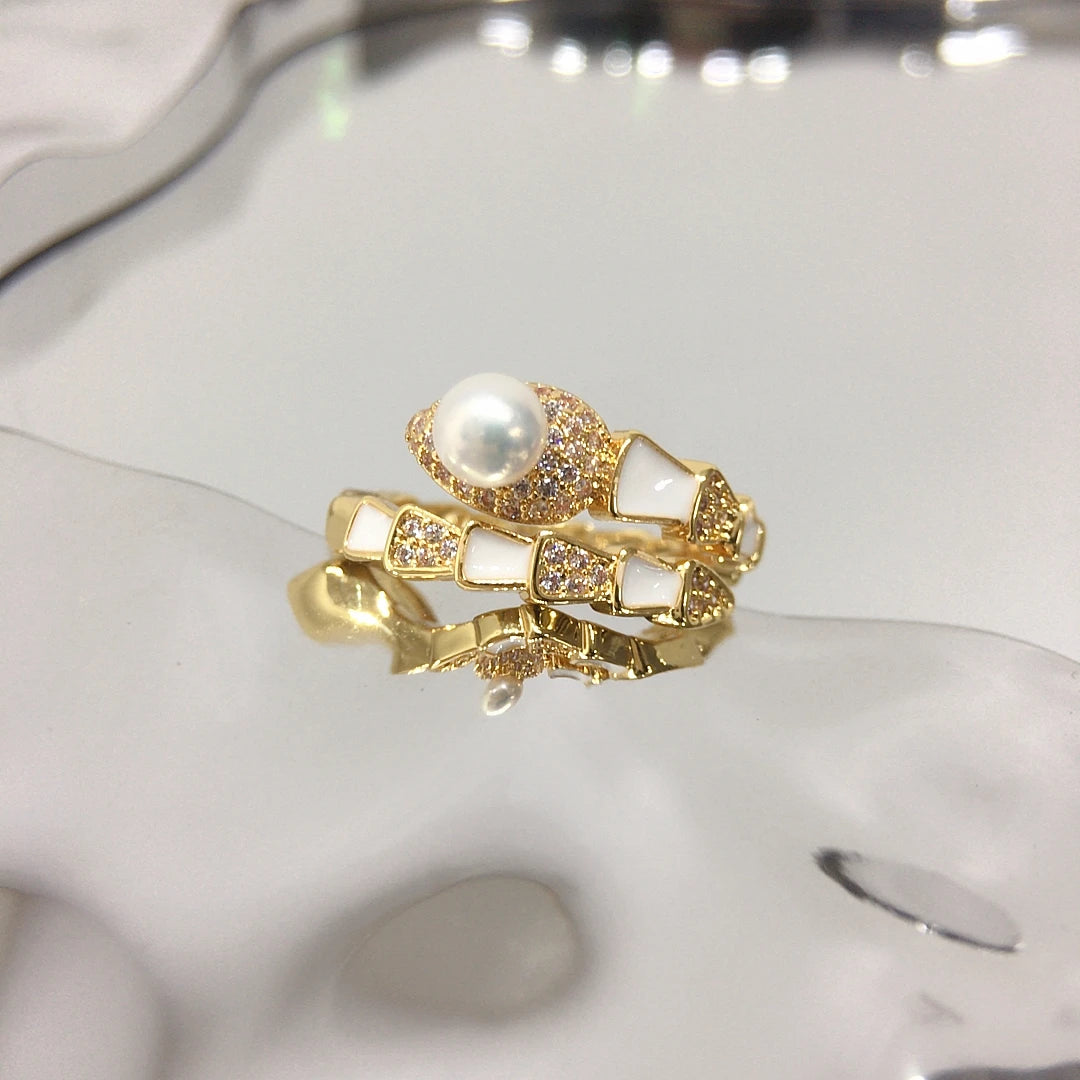 18k Gold Plated Luxury Snake Ring Natural Freshwater Pearl Ring Jewelry Women
