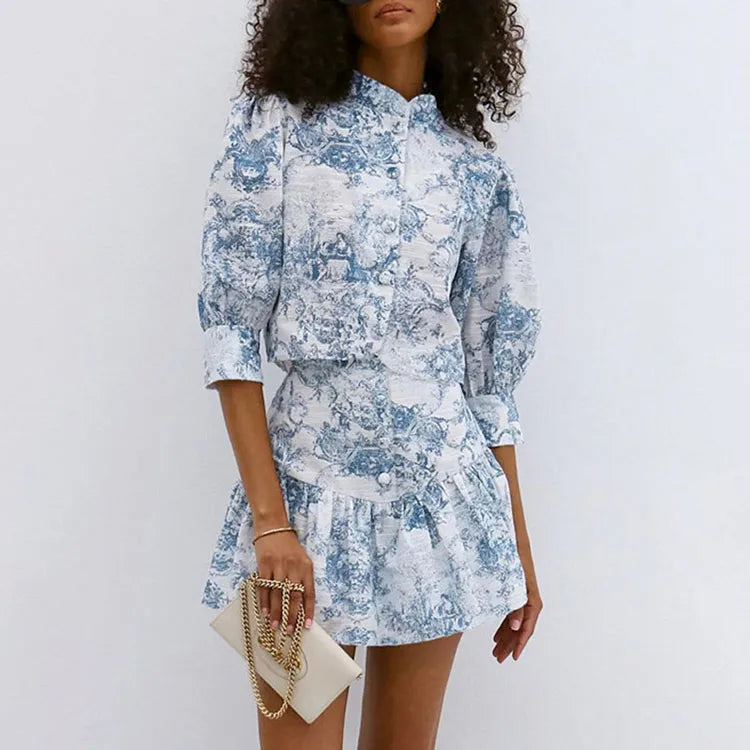Waist Baring Stand up Collar Top Wholesale Vintage Skirt Custom logo Casual Women Suit Factory Directly