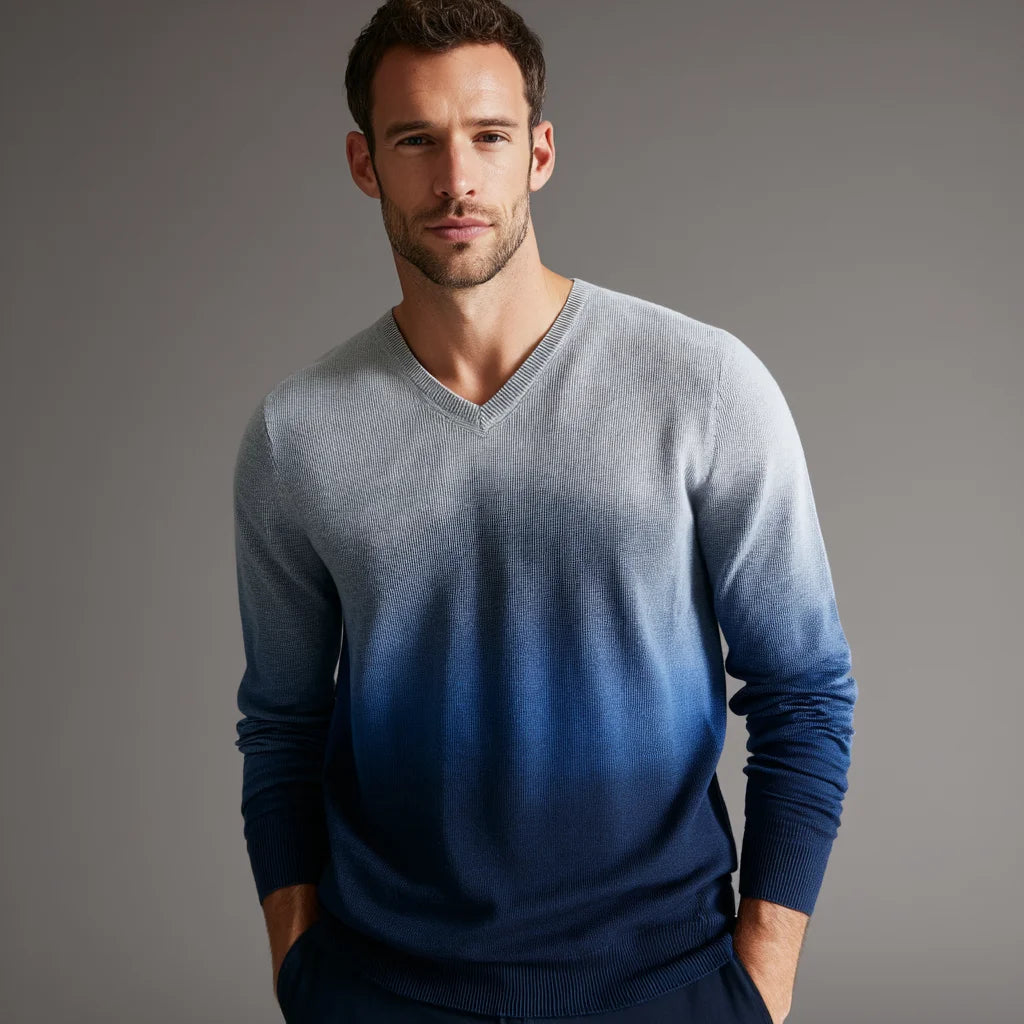 2025 Men's Luxury Soft Gradient Cashmere Blend V-Neck Pullover Breathable and Anti-Wrinkle Knitwear for Autumn