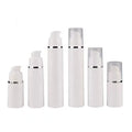 Wholesale Luxury White Plastic Airless Pump Bottle Silver Line 15ml/30ml/50ml/Custom Face Mask Lotion False Eyelashes Wigs Skin