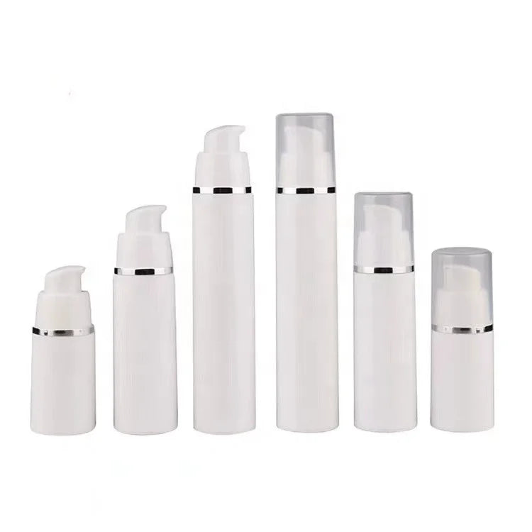 Wholesale Luxury White Plastic Airless Pump Bottle Silver Line 15ml/30ml/50ml/Custom Face Mask Lotion False Eyelashes Wigs Skin