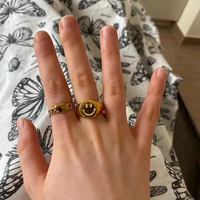 Waterproof Trendy Tarnish Free Cute Zircon Eyes Anillo Jewelry 18K Gold Plated Smile Face Ring for Girls Men Women