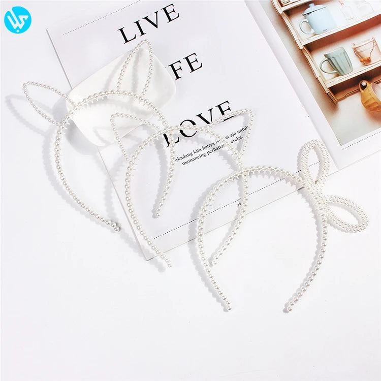 Women Big Pearls Elegant Headband Headwear Cute Cat Ear Hair Hoop Bezel for Girls