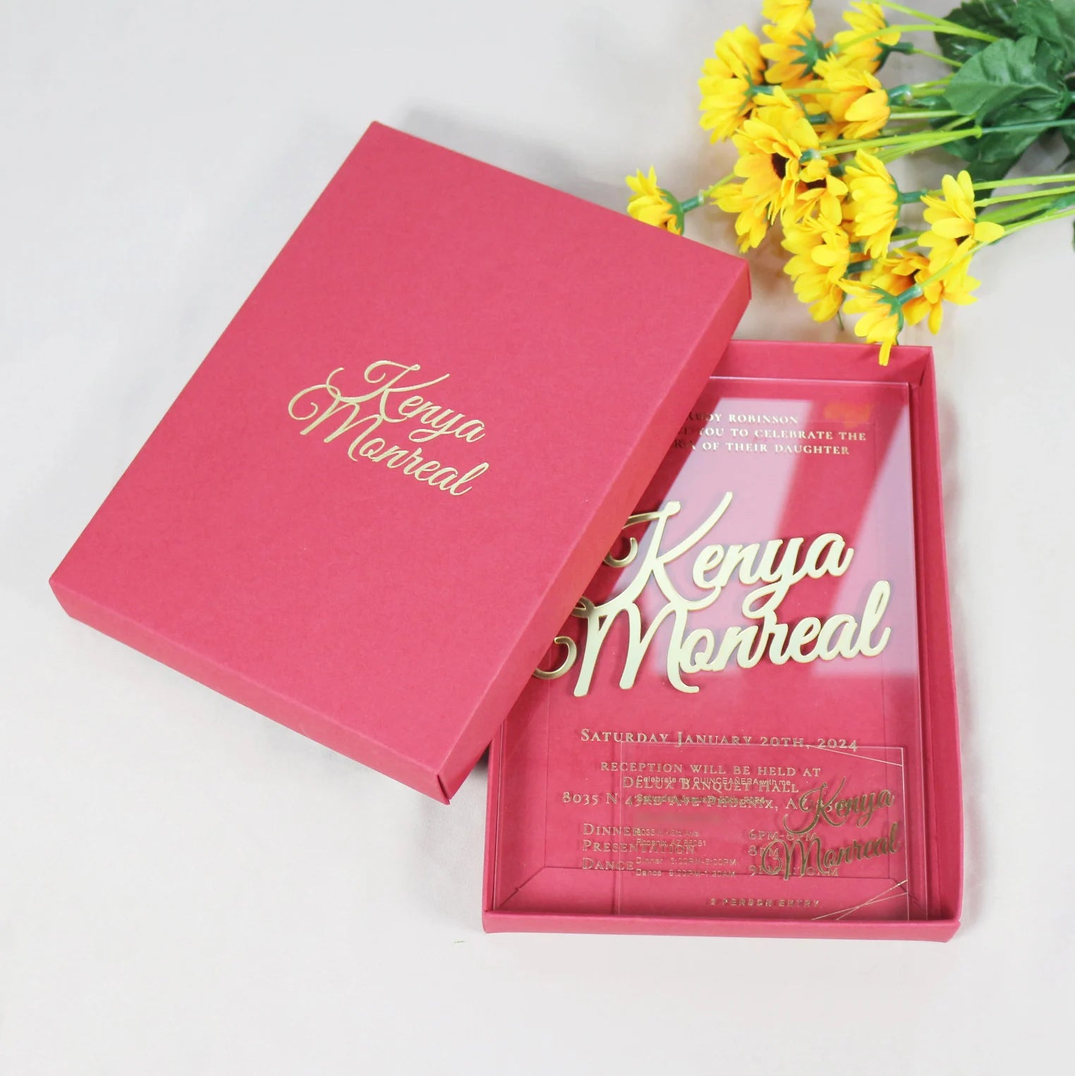 Free Sample Luxury Laser Cut Gold Initials DIY Clear Acrylic Wedding Birthday Invitations With Red Paper Box