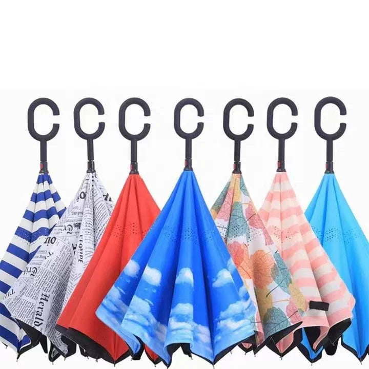 New Arrival Reverse Inverted Car Umbrellas Upside Down Long Handle Umbrella Automatic C Shape Handle Advertising Umbrella