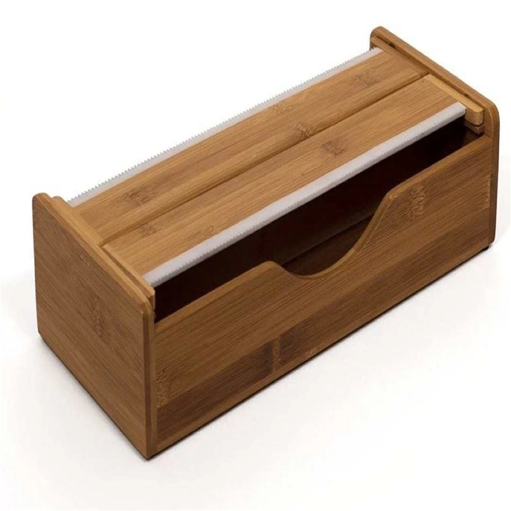 Single Tier Bamboo Foil Plastic Wrap Dispenser Cutter Aluminum Foil Wooden Tin Organizer Dual-Use Tool for Dispensing Storage