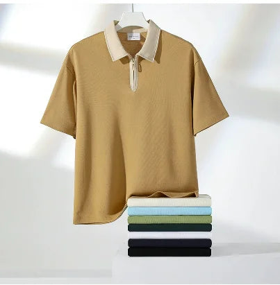 240g Unisex Vintage Breathable Fabric Color Blocking Trend Contrast Trim Half-Zip Men's Polo Shirt