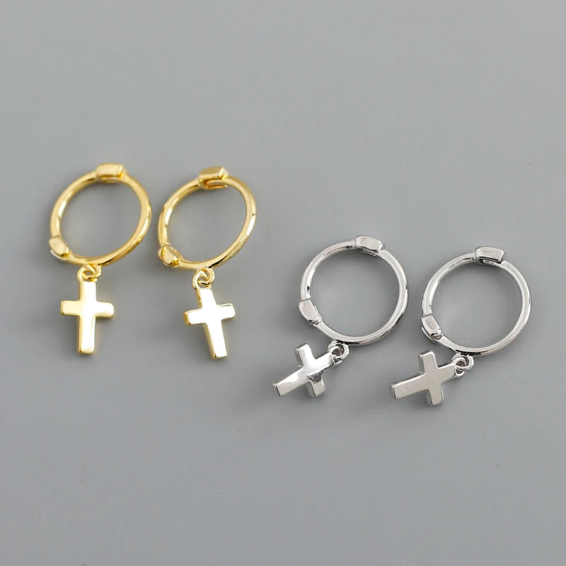 2022 NEW Drop Shipping 925 Sterling Silver Small Plain Cute Dangling Cross Hoop Earrings for Women
