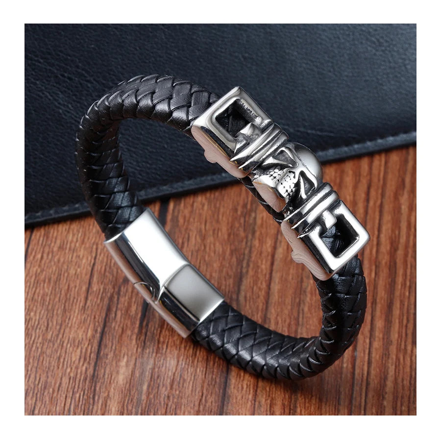 Fashion Personality Stainless Steel Skull Bracelet Multilayer Braided Magnetic Clasp Genuine Leather Men's Bracelet for Gifts