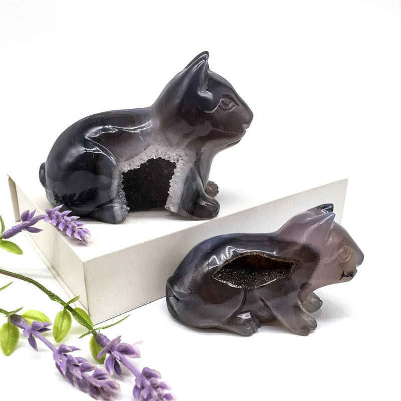 Wholesale Natural Crystal Animals Hand Made Druzy Agate Cats Head Healing Crystal Carving for Decoration and Sale