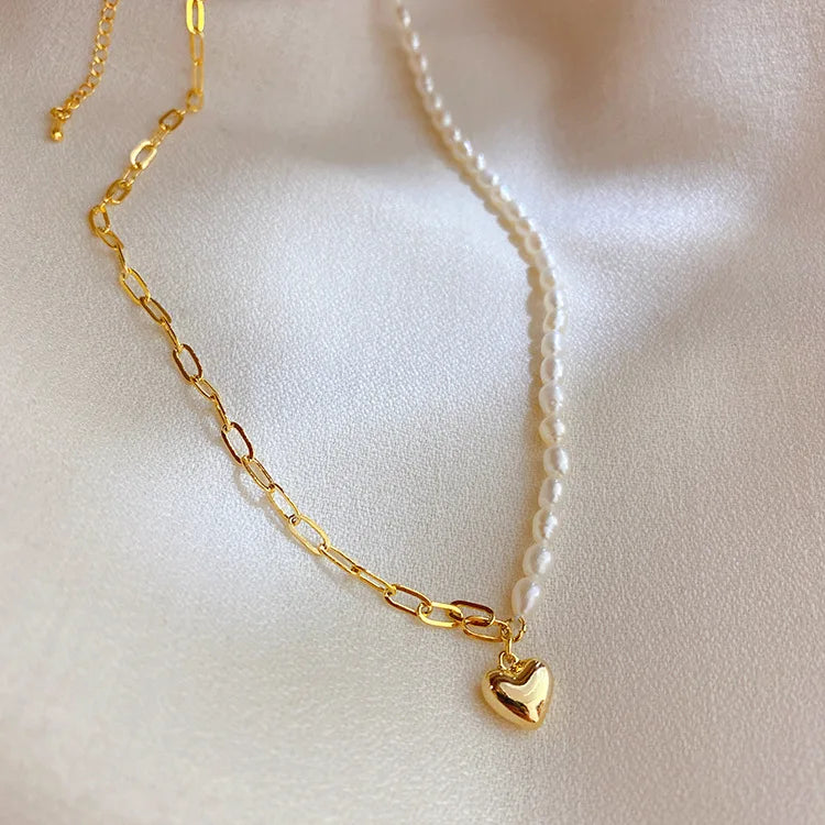 G1736 Vintage Choker Necklaces Jewelry Gold Plated Splicing Chain Fresh Water Half Pearl Half Chain Necklace Pendant