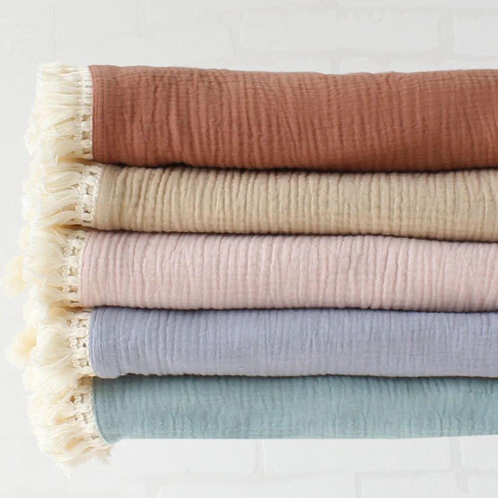 Wholesale Solid Color Crinkle Cotton Muslin Infant Newborn Fringe Swaddle Bath Towel Baby Wrap Blanket with Tassel Trim