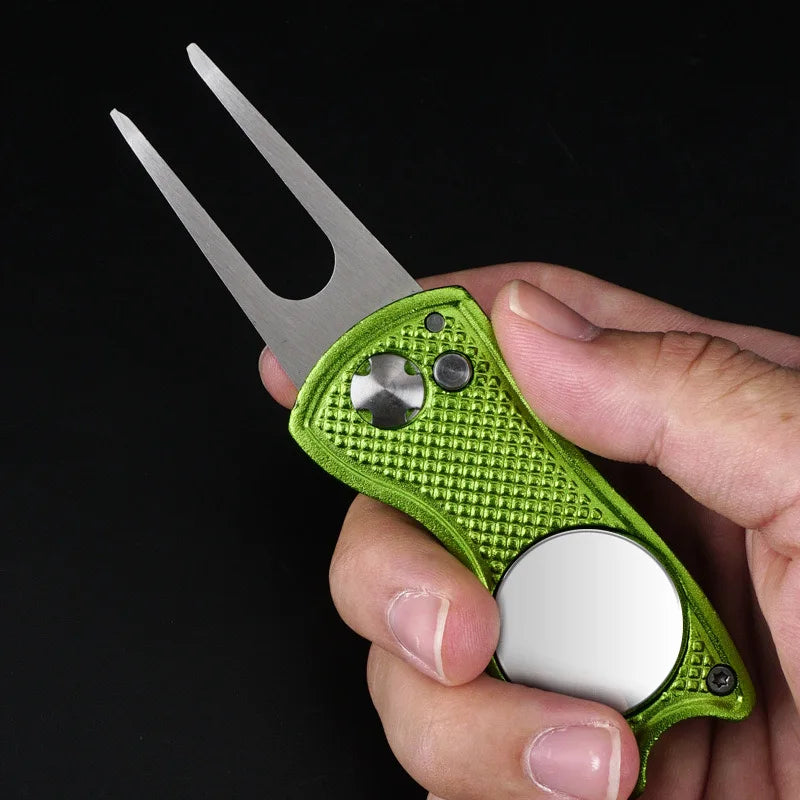 Golf Divot Repair Tool Steel Foldable Golf Repair Tool Magnetic Golf Ball Marker Tool with Pop up Button