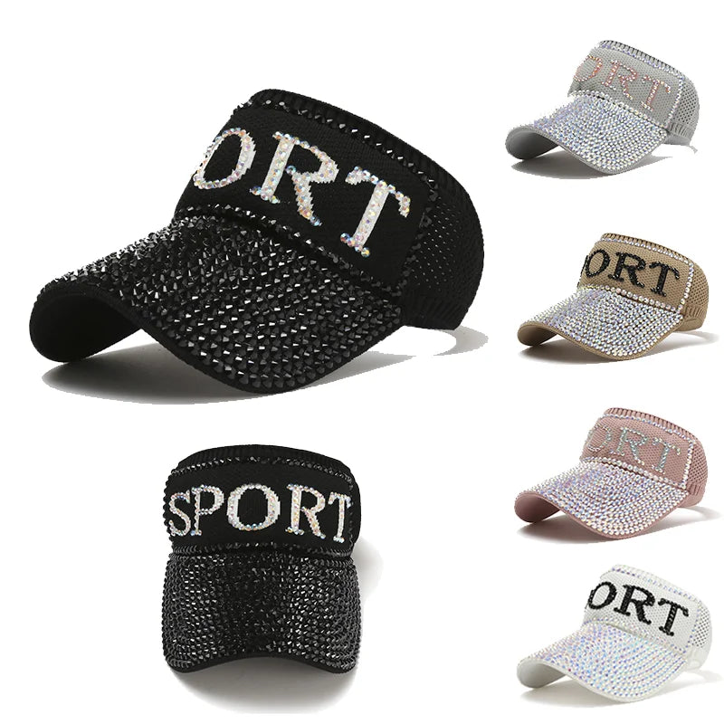 Shiny Rhinestones Plain Tennis Gudessly Punk Bling Diamond Sport Golf Uv Protection Girls Beach Sun Cap Visor Hat for Women