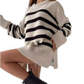 Autumn Winter Women's Korean Style Anti-Pilling O-neck Striped Knitted Front Logo Cotton Pullover Sweater