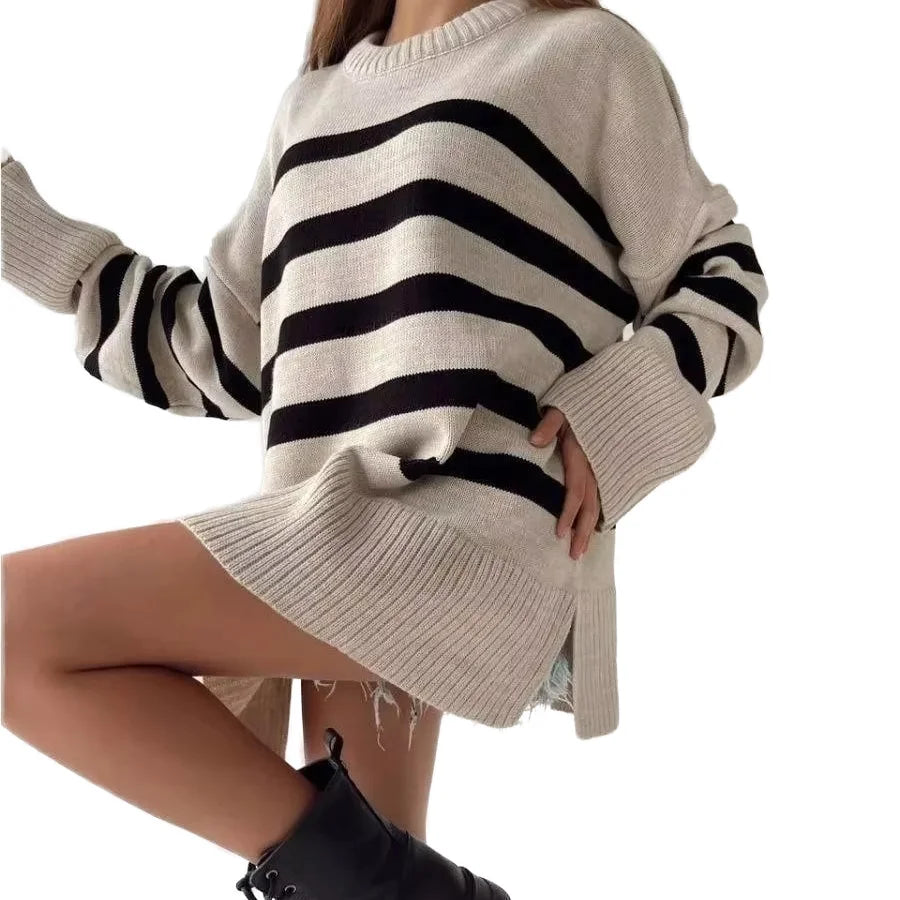 Autumn Winter Women's Korean Style Anti-Pilling O-neck Striped Knitted Front Logo Cotton Pullover Sweater