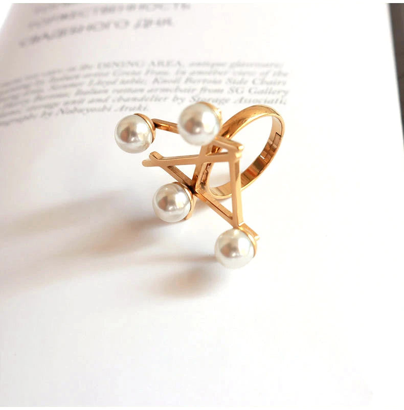 Exaggerated  Magazine Pearl Gold Plated Geometric Cross Symbol Stainless Steel Finger Ring for Women