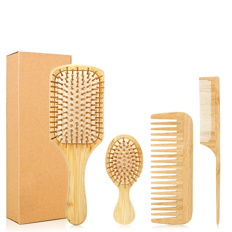 Customized logo Handmade Natural Bamboo Anti-Static Hair Brush Comb Set Eco-friendly for Various Hairstyles for Hotel Use