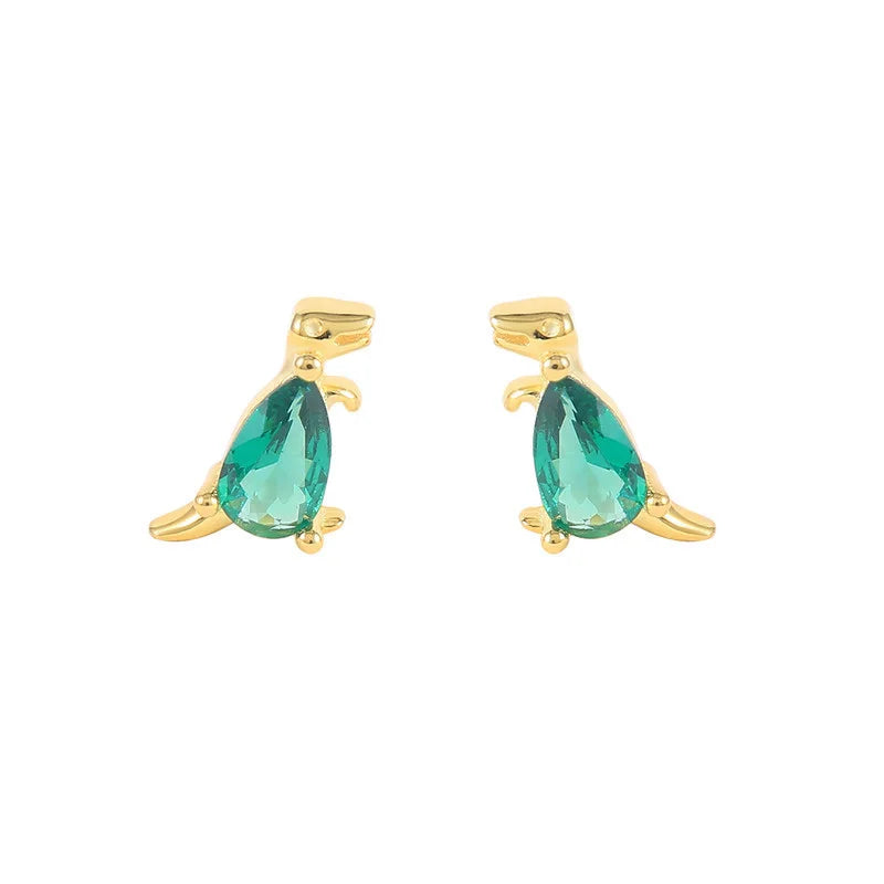 Factory New Cute Natural Zircon Gold Plated Dinosaur Shape Stud Earrings-Gift