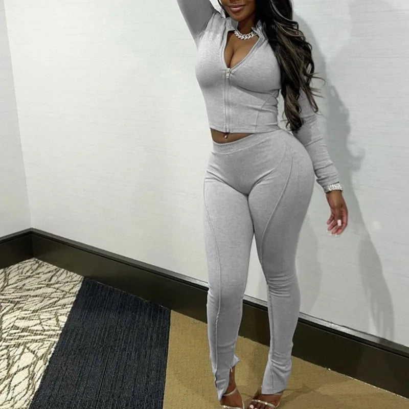 Women's New Fashion Casual Long Loungewear Set Hooded Zipper Top and Tight Pants Solid for Autumn 2 Piece Set Women Long