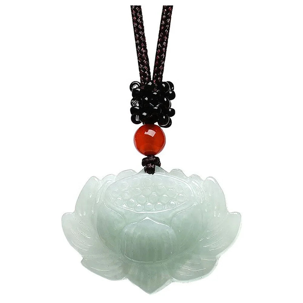 Natural Burmese Jadeite Embellish Lotus Flower Pendant Necklace with Rope Lucky Fashion Jewelry