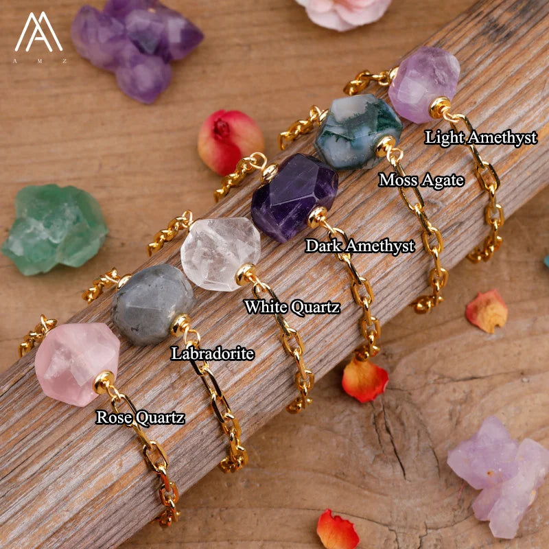Real Gold Bracelet with Faceted Nugget Stone Beads Healing Crystal Cut Chunky Hand Chain Fashion Summer Jewelry for Wedding Gift