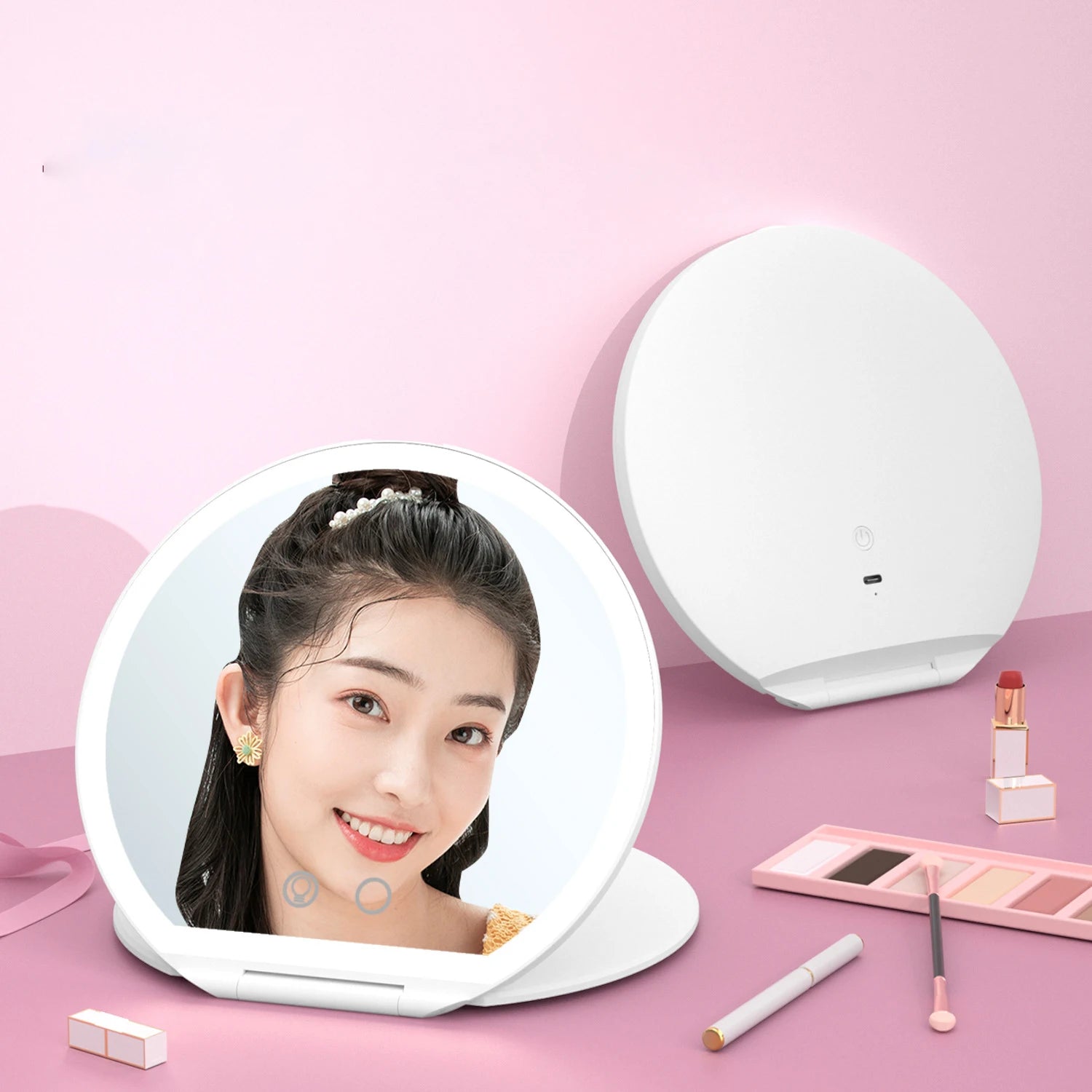 Zonyin Custom Logo Women Vanity Gift LED Lighted Magnifying Pocket Makeup Mirror Personalized Desktop Table Travel Vanity Mirror