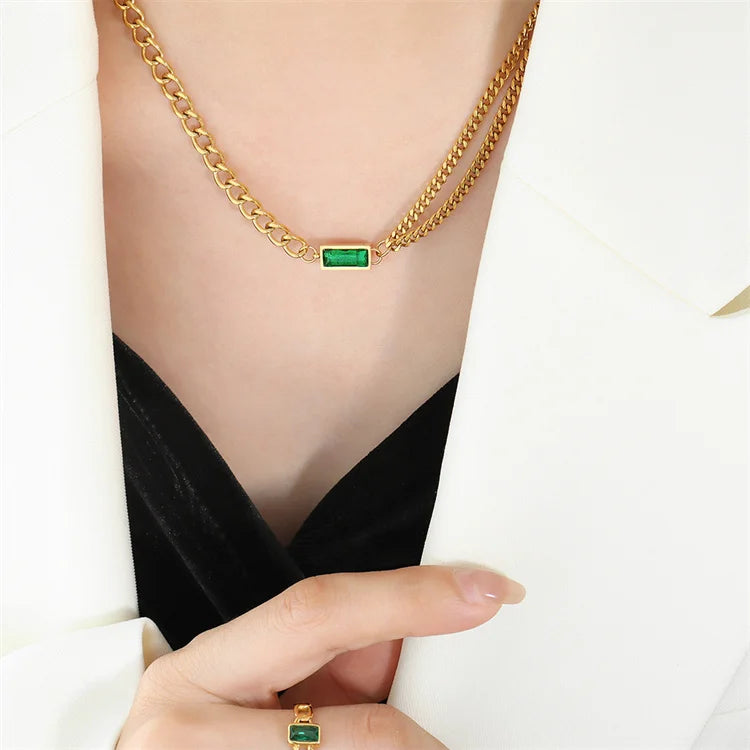 Wholesale Retro 316l Titanium Steel Women Fashion Jewelry Double Layer Thick Chain Zircon Bracelet Necklace