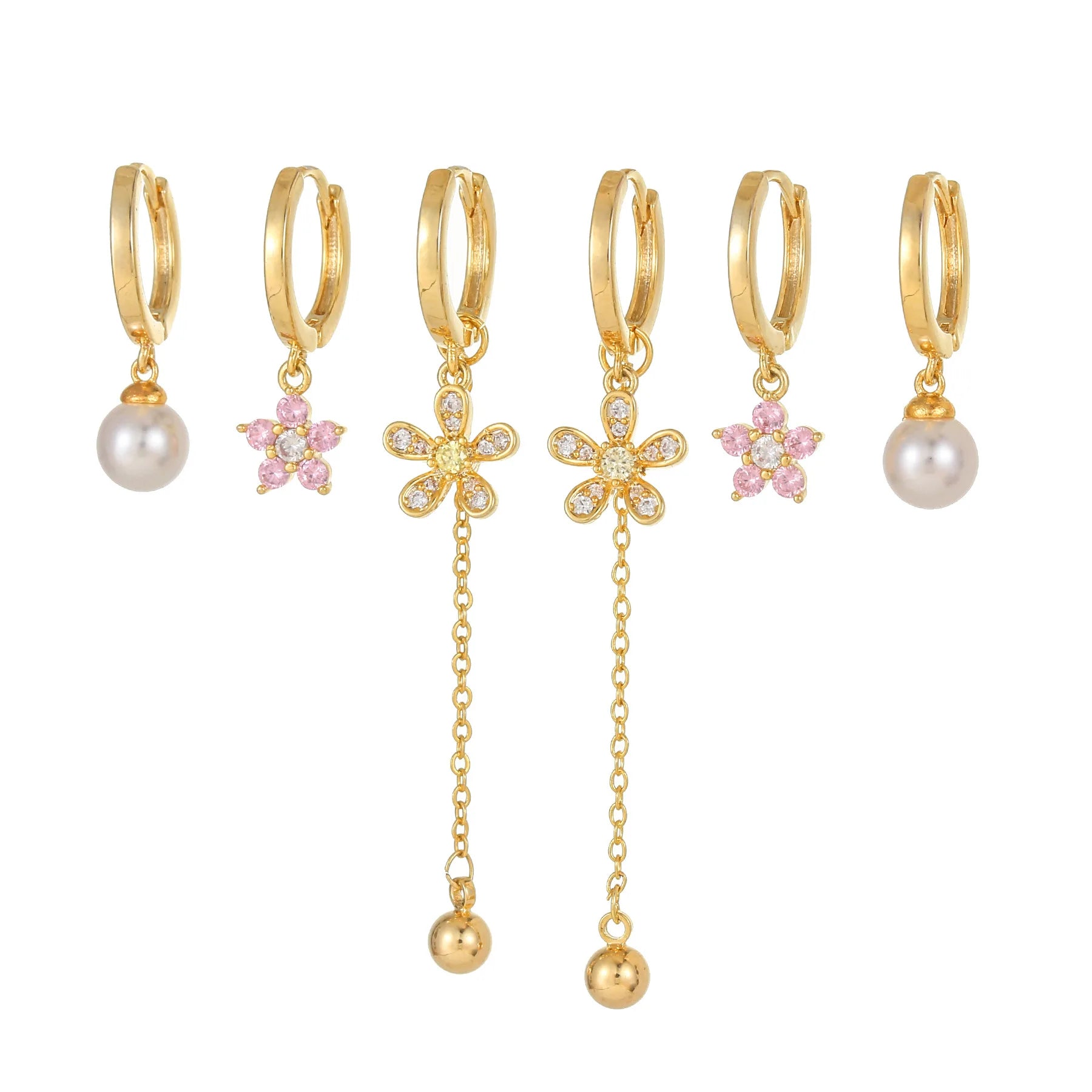 New Design Flower Pearl Fringe Hoop Earrings Set Fashion Zircon Petal Pendant Ear Buckle Set 18K Gold Plated Brass for Women