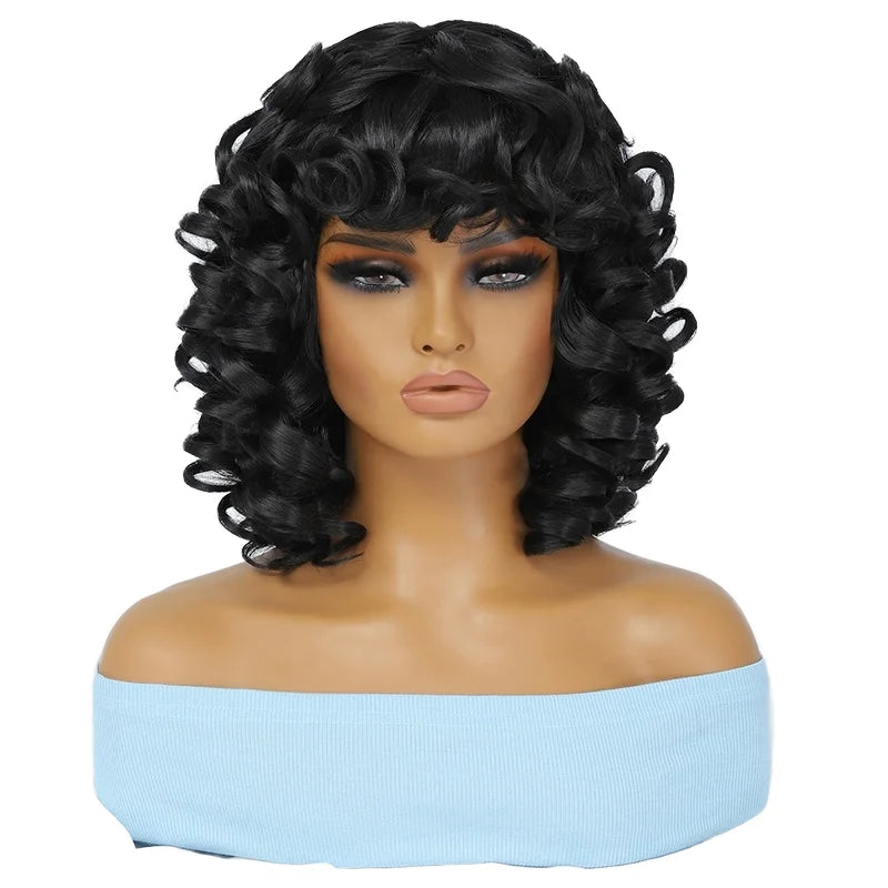 WH12 12inch Short Wigs Afro Kinky Curly Wigs with Bangs for Black Natural Fluffy Synthetic Cosplay Hair  for Women Hair