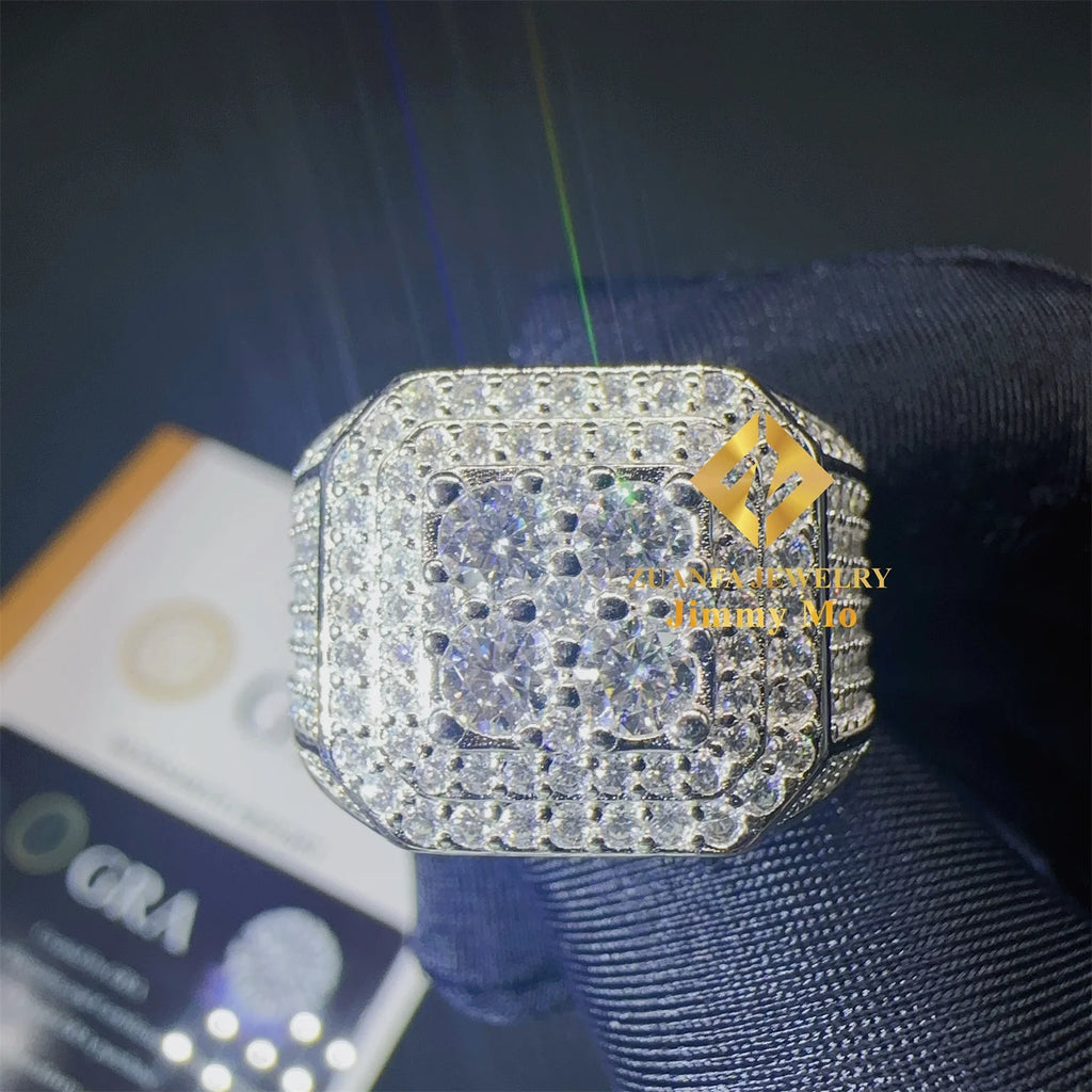 Fashion Rapper Style Hip Hop Jewelry White Gold Plated 925 Silver Iced Out VVS1 Moissanite Diamond Finger Square Ring Man