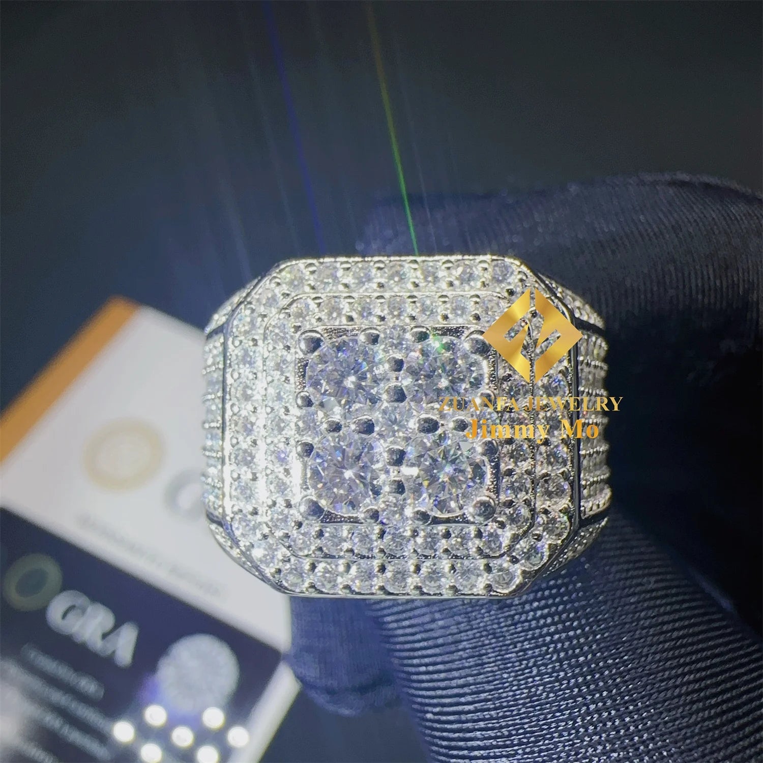 Fashion Rapper Style Hip Hop Jewelry White Gold Plated 925 Silver Iced Out VVS1 Moissanite Diamond Finger Square Ring Man
