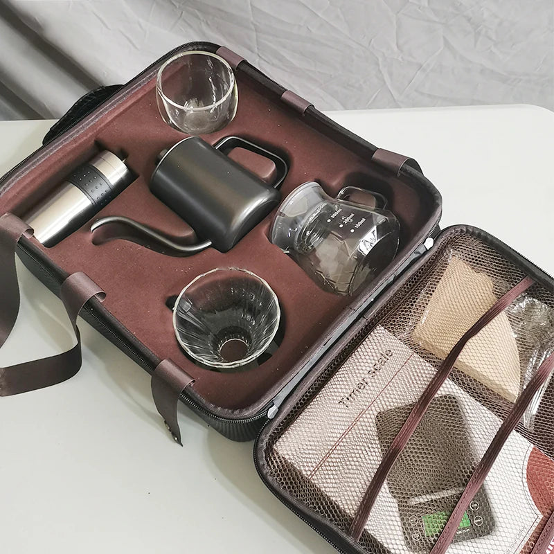 Hot Sale Pour Over Drip Kettle Grinder Gift Box Outdoor Travel Portable Coffee Maker Set With Manual