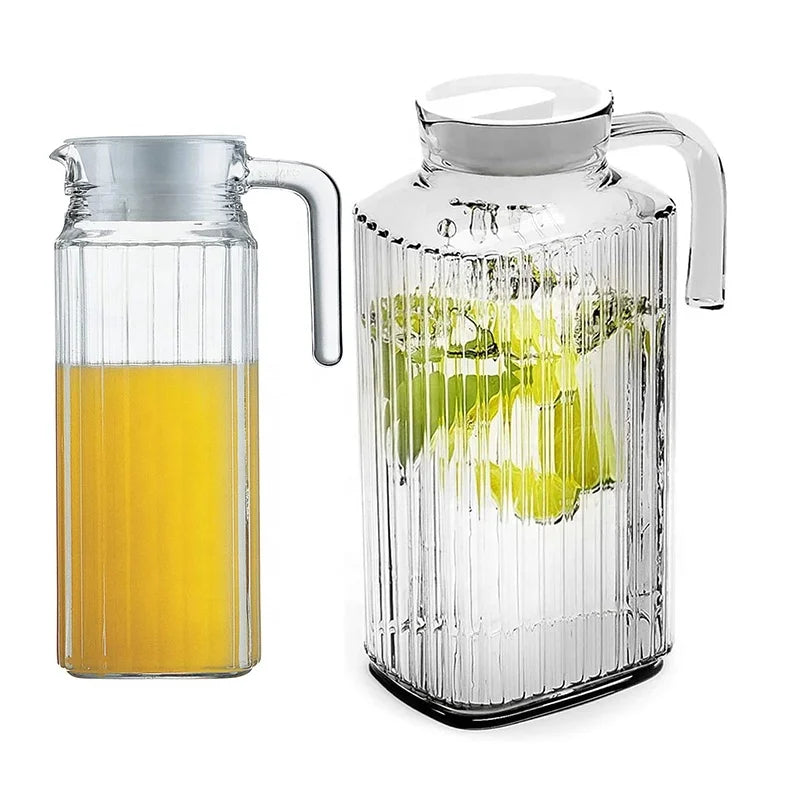 Homemade Juice Glass Pitcher 1100ml Vintage Ribbed Vertical Stripe Fridge Pitcher Carafe Foodsafe Plastic Lid for Chilled Tea