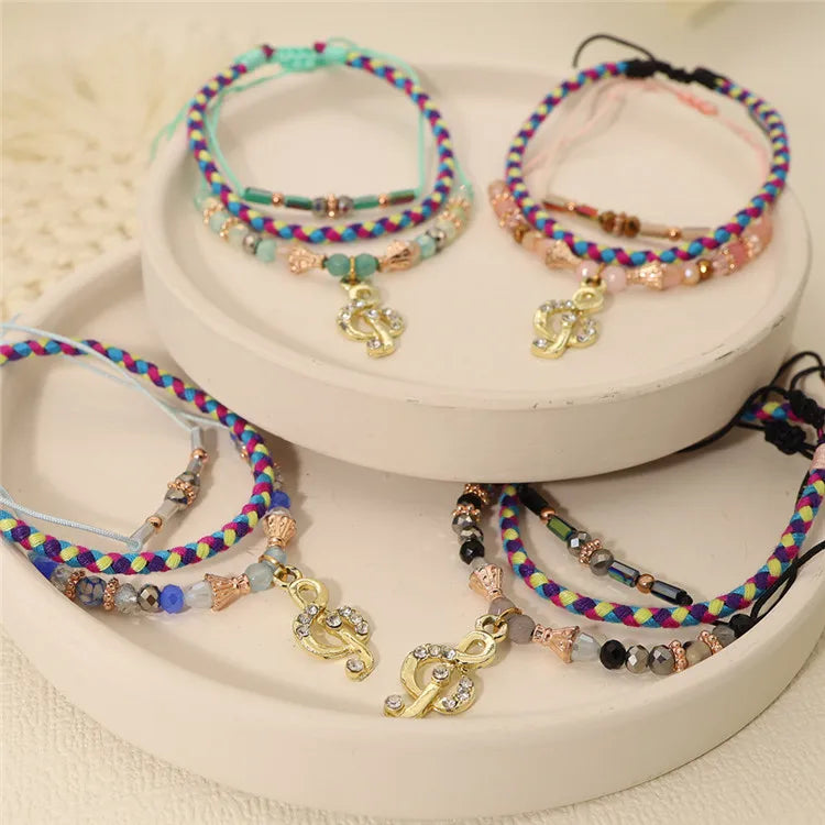 SP Ethnic Style Handmade Colorful Crystal Beads Musical Charms Pendant Women's Adjustable String Thread Bracelet Set