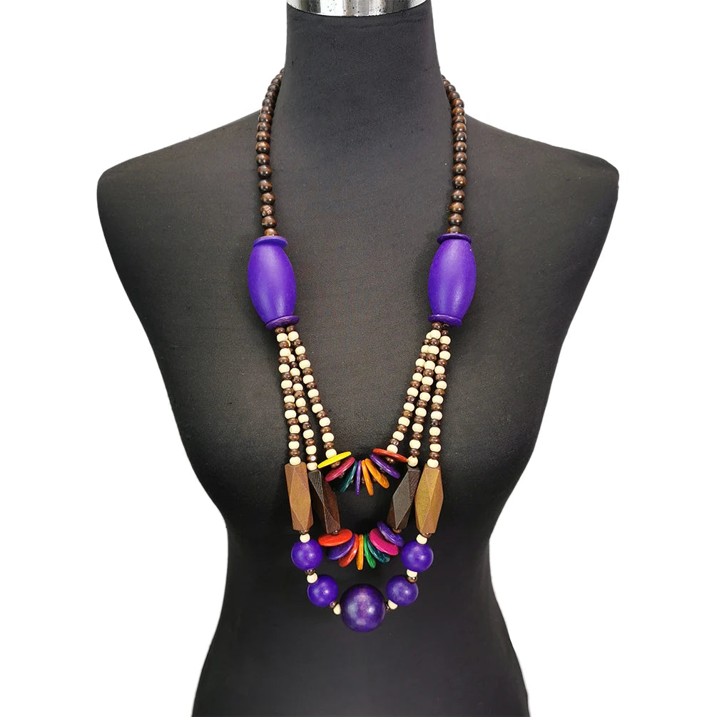 Ethnic Summer Bohemian Statement Multi Layer Pendant Necklace Geometric Wood Beads Coconut Shell Handmade Long Necklace Women