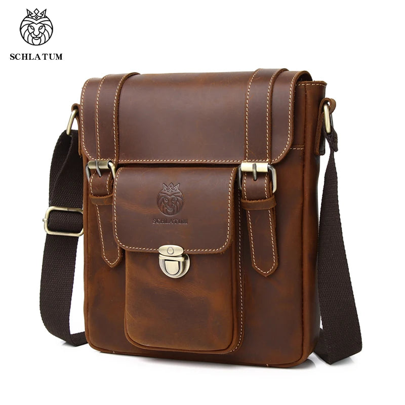 SCHLATUM Customise logo Crazy Horse Genuine Leather Mens One Strap Shoulder Messenger Bag