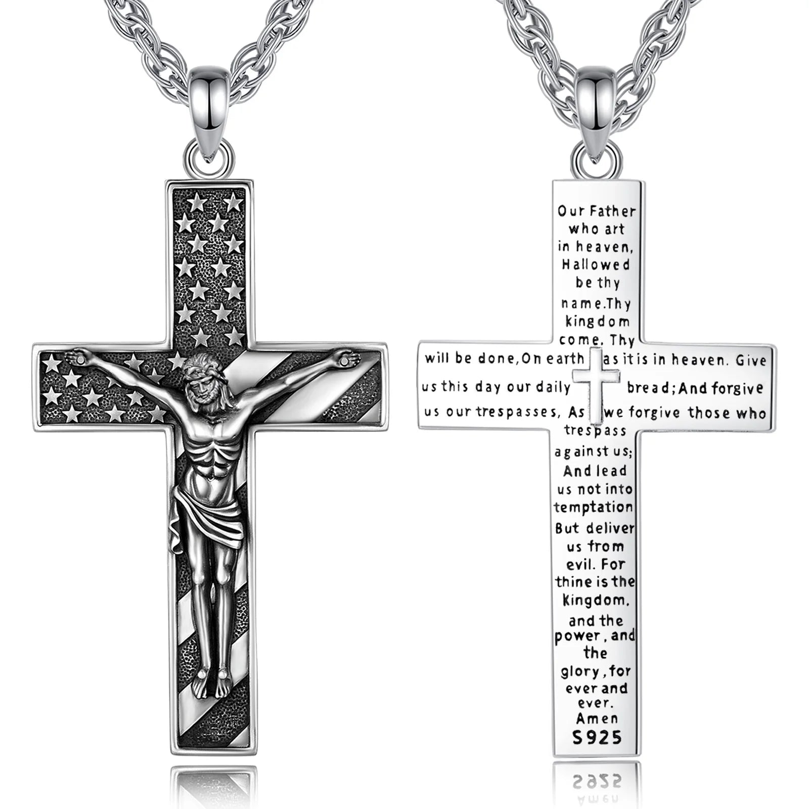 Merryshine 925 Sterling Silver Men American Flag Cross Pendant Necklace Religious Protection Jewelry for Women