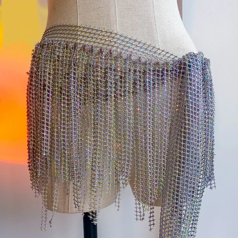 Wholesale Elegant Shiny Mesh Tassel Wrapped Waist Chain Belly Dance Professional Performance Hip Scarf