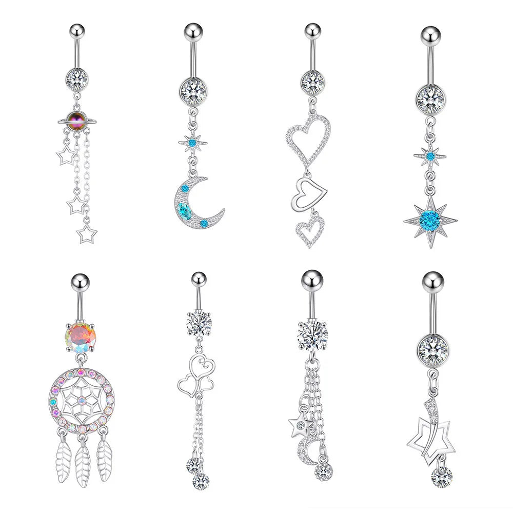 ZF Stainless Steel Belly Button Rings Cubic Zirconia Navel Piercing Jewelry Star Moon Heart Wedding Occasion for Women Girls