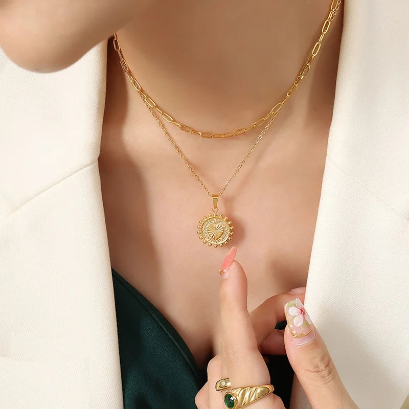Fenny 18K Gold Plated Waterproof&No Fade Fashion Double Heart Letter a Multi Layer Stainless Steel Steel Waterproof Necklace