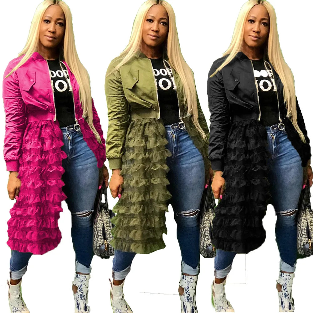 2020 New Arrivals Winter Fashion Zipper Jacket Dress Layered Mesh Ruffle Long Coat Outwear