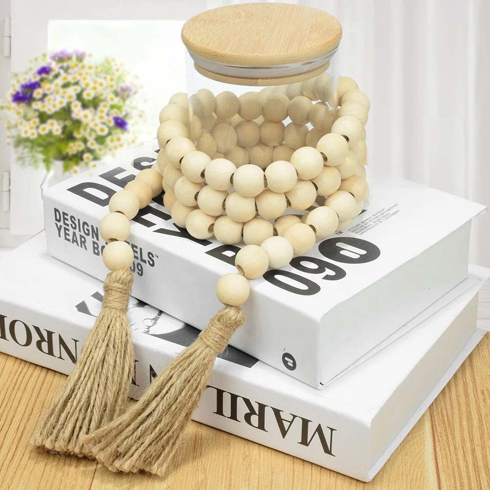 Handmade Wood Tassel Bead Garland With Jute Rustic Wall Rattan Wooden Beads Wall Hangings Big Boho Gift Ornament Home Decoration