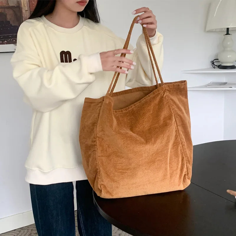 Literary Solid Color Women Corduroy Shoulder Bag Large Capacity Versatile Ladies Shopping Bags Simple Casual Retro Female Tote